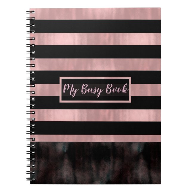 Carnet Rose Gold Black & Pink Rayures Moderne Glam (Devant)