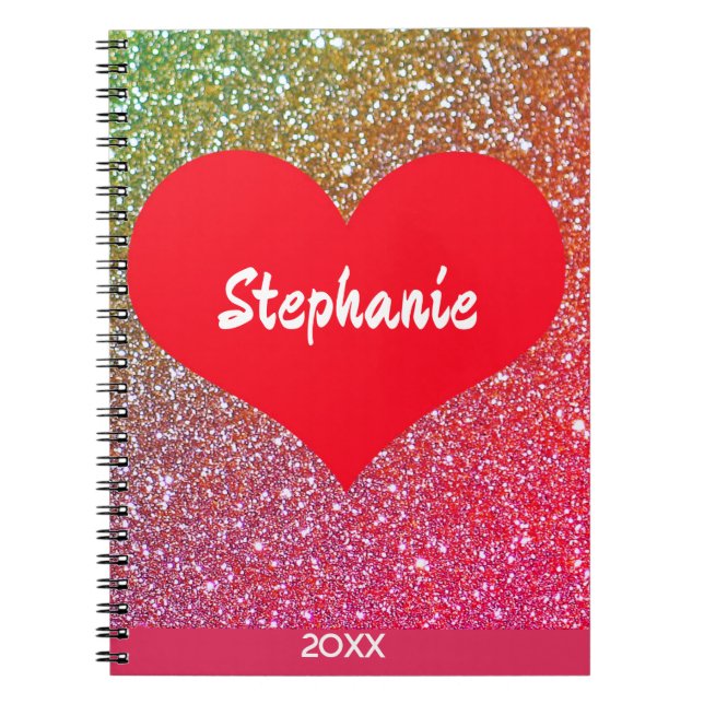 Carnet Rose Gold Glitter Coeur Rouge Saint-Valentin Nom (Devant)