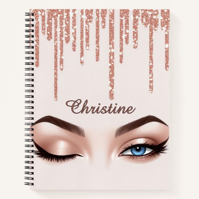 Carnet Rose Gold Glitter Drip avec Maquillage des Yeux Fé (Devant)