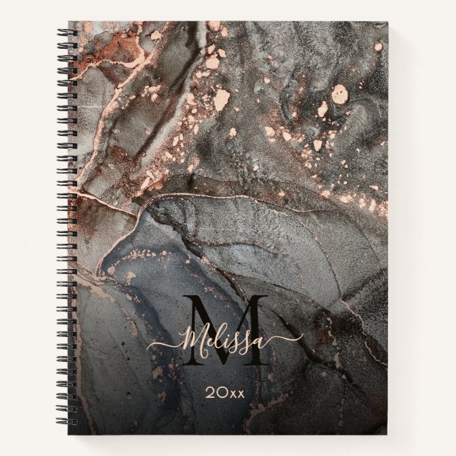 Carnet Rose Gold Gris Encre Marbre Monogramme  (Devant)