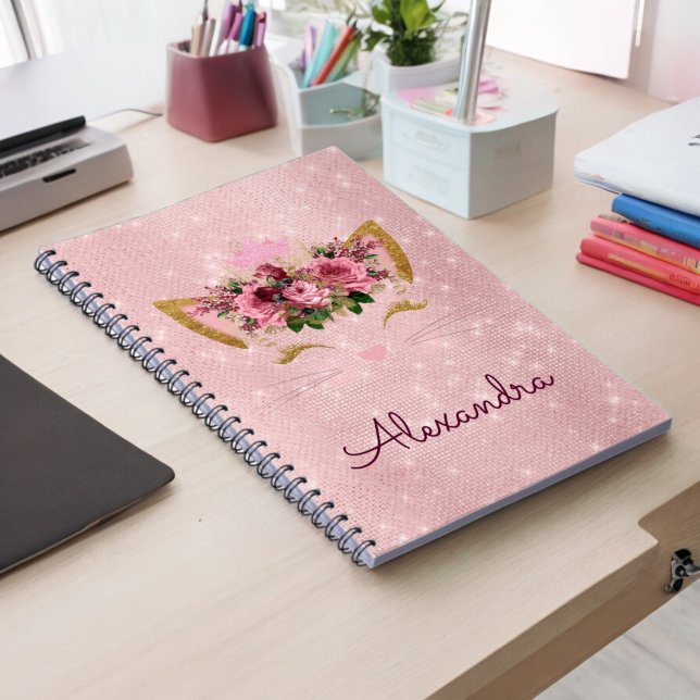 Carnet Rose Gold Kitty Sparkle Princess Monogramme Nom (Créateur téléchargé)