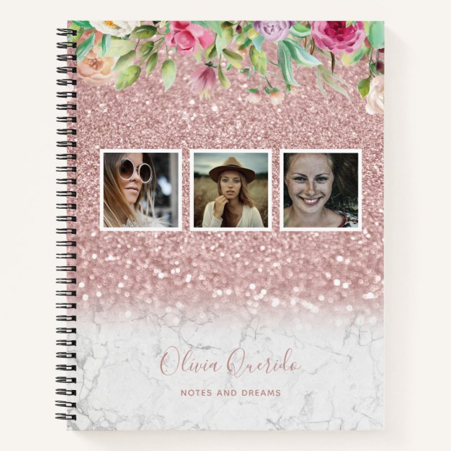 Carnet Rose Gold Marble Parties scintillant Floral Nom Ph (Devant)