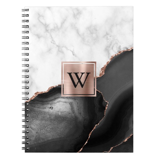 Carnet Rose Gold Noir Agate Marbre Blanc Monogramme (Devant)