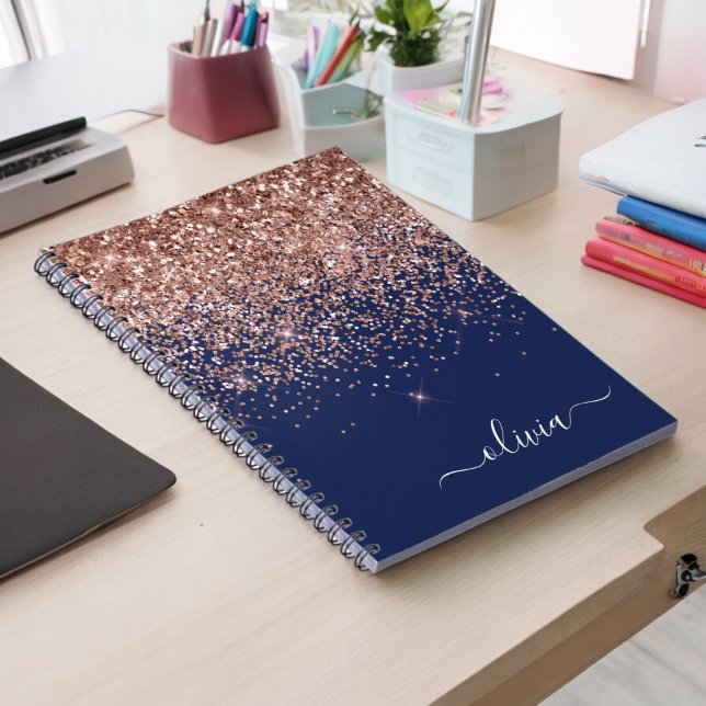 Carnet Rose Gold Paillet Blush Rose Monogram Bleu Marine (Créateur téléchargé)