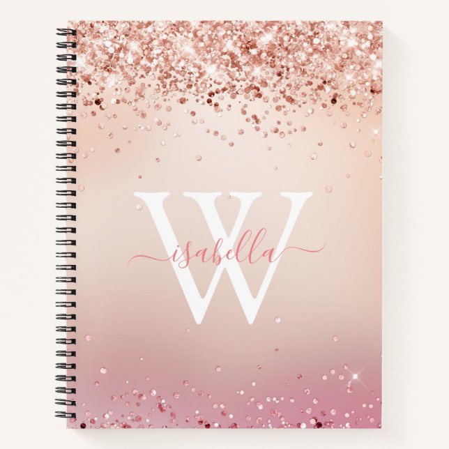 Carnet Rose Gold Pailleté Élégant Nom Script Monogrammé (Devant)