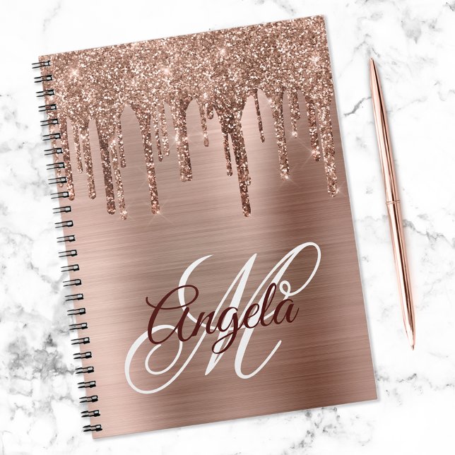 Carnet Rose Gold Pailleté Feuille Drip Monogramme Fantais (Créateur téléchargé)