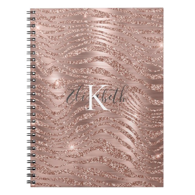 Carnet Rose Gold Pailleté Impression Animaux Nom Monogram (Devant)