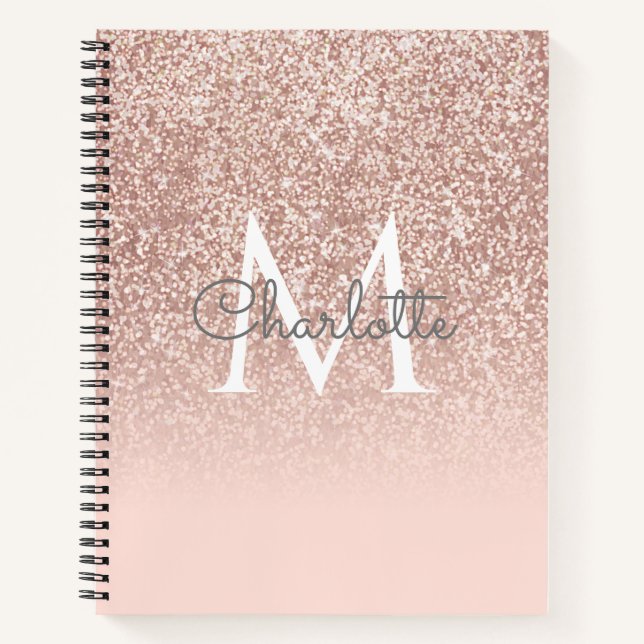 Carnet Rose Gold Pailleté Rose Clair Monogramme Élégant (Devant)