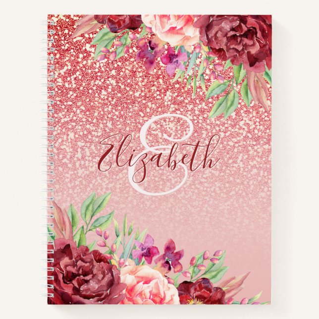 Carnet Rose Gold Parties scintillant Bourgogne Floral Per (Devant)
