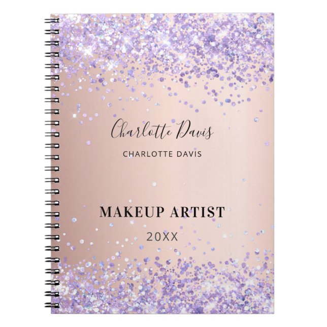 Carnet Rose gold purple glitter name signature business (Devant)