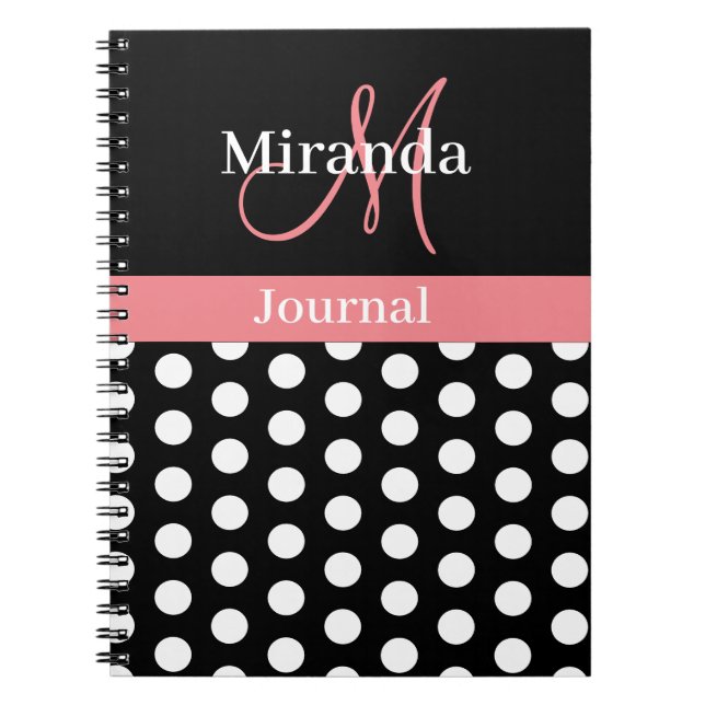 Carnet Rose noir blanc Polka point Monogramme (Devant)
