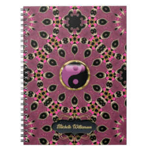 Carnet Rose noir Yin Yang Peacock Mandala Custom