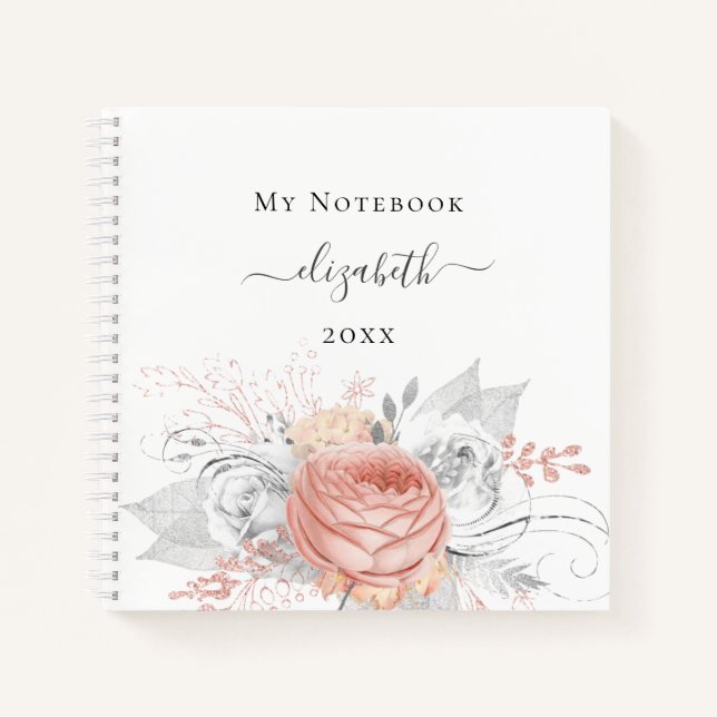 Carnet Rose or floral argent blanc nom personnalisé (Devant)