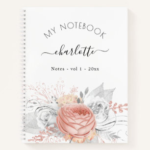 Carnet Rose or floral argent feuille nom script