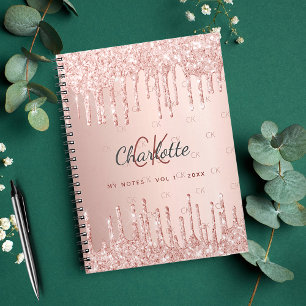 Carnet Rose or parties scintillant goutte de nom monogram