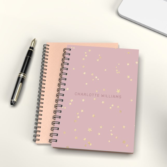 Carnet Rose Pâle Et Étoiles Dorées Monogramme Personnalis (Créateur téléchargé)