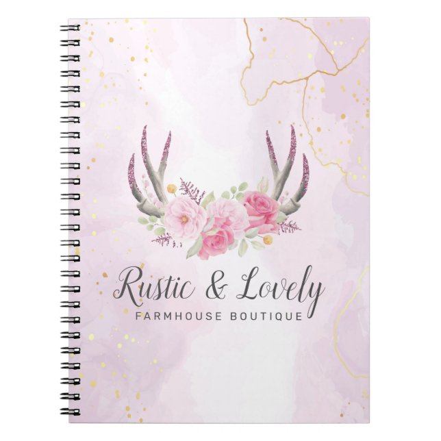 Carnet Rose Pâle Marbre Doré Fleurs Rustiques Bois de Cer (Devant)