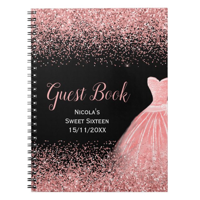 Carnet Rose Pink Dress Faux Glitter Sweet 16 Guest Book (Devant)