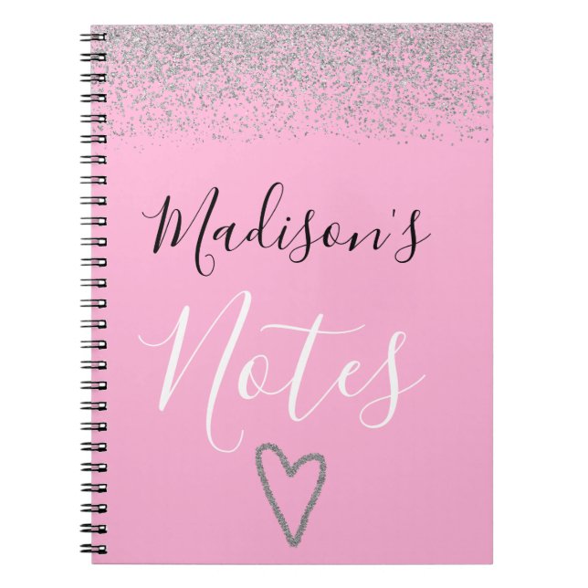 Carnet Rose Poudré et Paillettes Argentées Notes de Coeur (Devant)