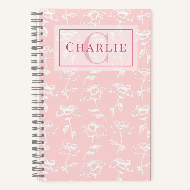 Carnet Rose Poussiéreuse Fleurs Blanches, Monogramme Pers (Recto)