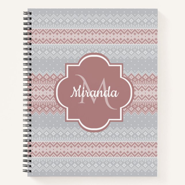 Carnet Rose Poussiéreux Monogramme Nordique Nom (Devant)
