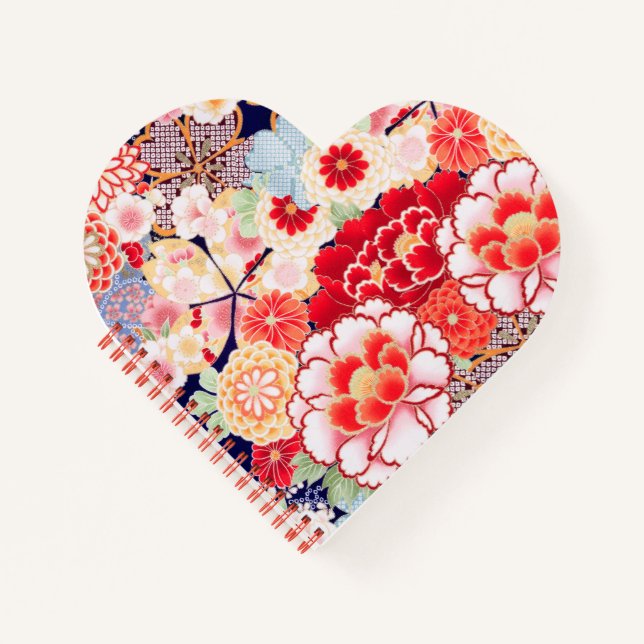 Carnet ROSE ROUGE BLANC FLEURS pivoines, Floral japonais  (Devant)