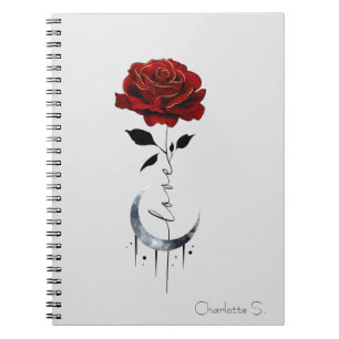 Carnet Rose rouge de style tatouage et lune de croissant