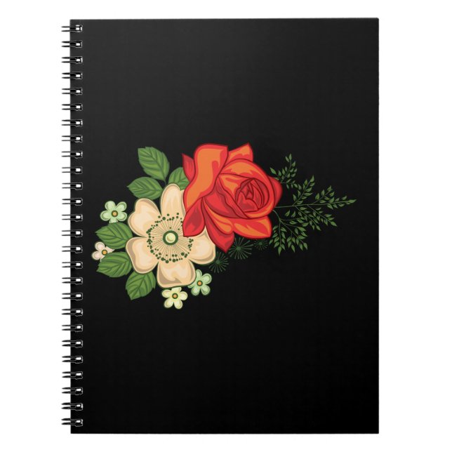 Carnet Rose rouge et marguerites sur fond noir (Devant)