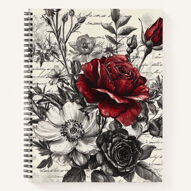 Carnet Rose Rouge Noire Fleurs de Manuscrit Antique (Devant)