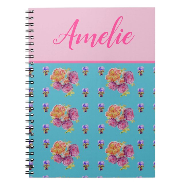 Carnet Rose Rouge Rose Shabby Chic Bleu Cyan Floral Fleur (Devant)