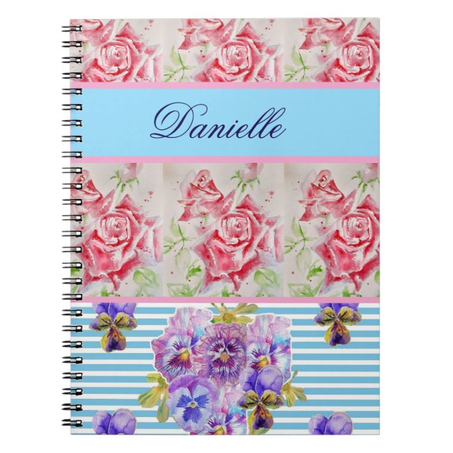 Carnet Rose rouge Shabby Chic Aquarelle Rose bleu rose (Devant)