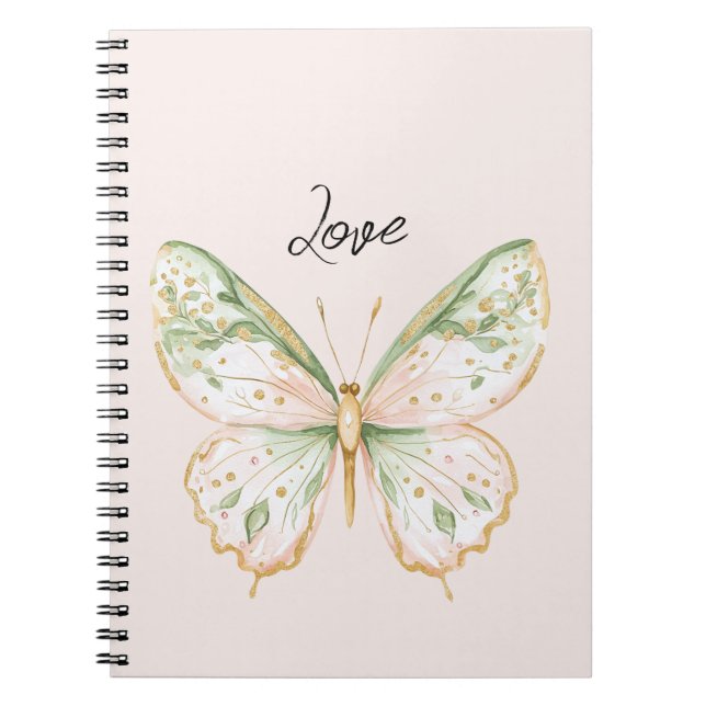 Carnet Rose saumon Menthe verte Or Papillon Amour (Devant)