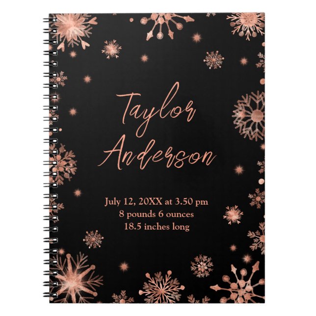 Carnet Rose Snowflakes Gold sur Black Birth Stats (Devant)
