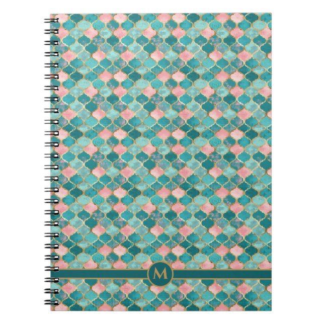 Carnet Rose Turquoise Or Motif Élégant Personnalisé (Devant)