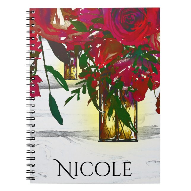 Carnet Roses aquarelles rouges romantiques et lanterne ru (Devant)