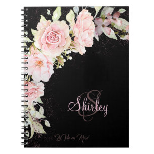 Carnet Roses d'aquarelle noir et rose monogramme