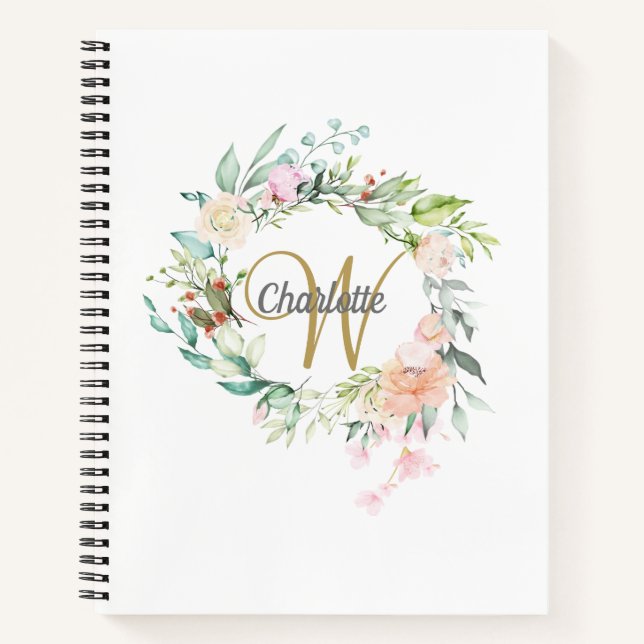 Carnet Roses Floral Or Monogramme Féminin Script (Devant)
