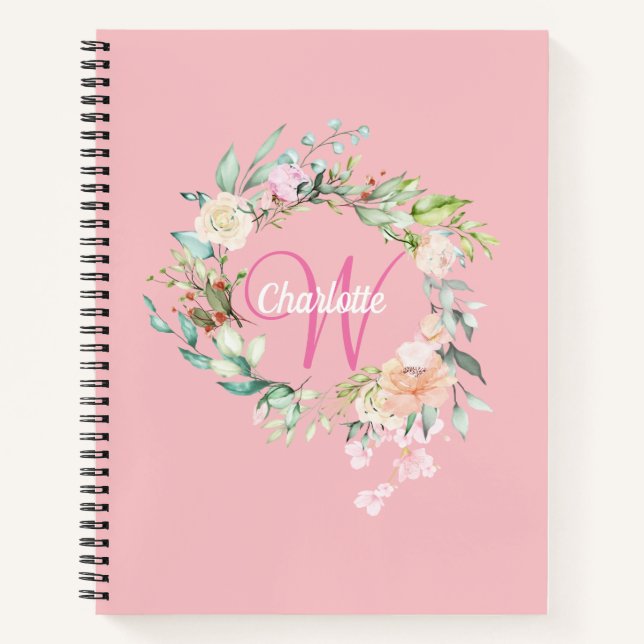 Carnet Roses Florales Jolies Monogramme Féminin Script (Devant)