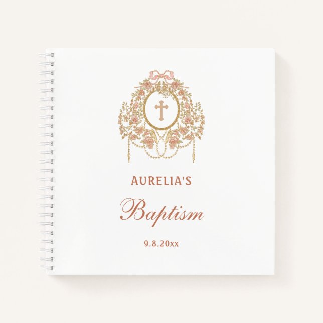 Carnet Roses Frame Holy Cross Baptism Guest Book (Devant)