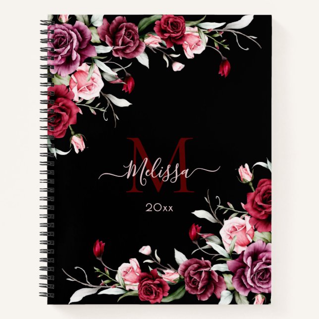 Carnet Roses Monogramme Aquarelle Noir (Devant)