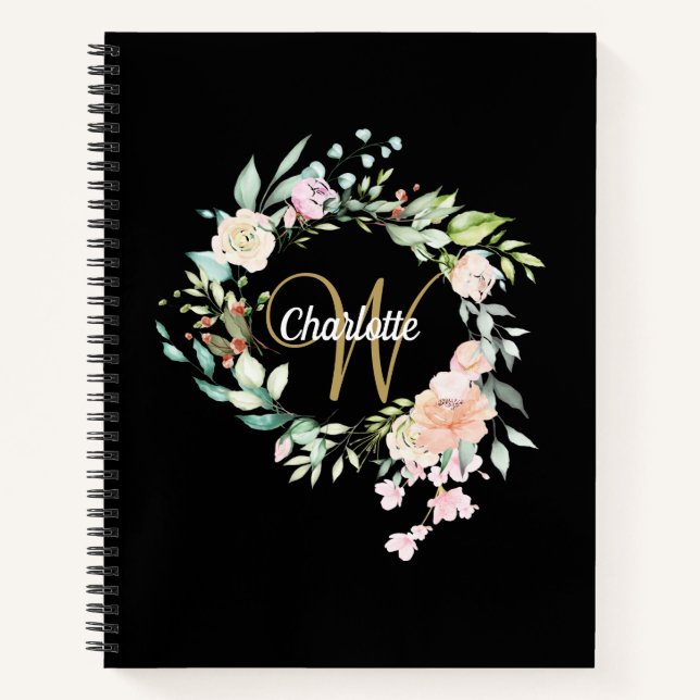 Carnet Roses Noires Et Dorées Monogramme Floral Écriture  (Devant)