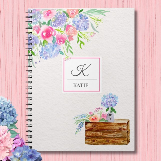 Carnet Roses pastel aquarelle, monogramme hydrangeas (Créateur téléchargé)