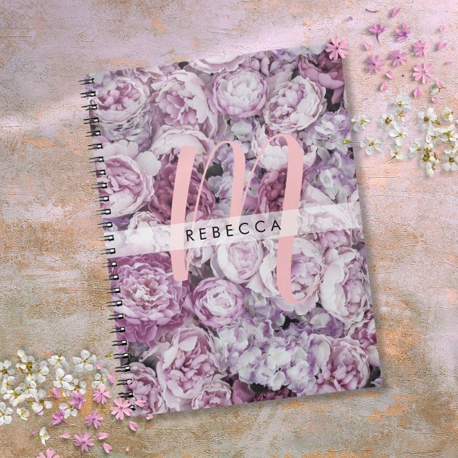 Carnet Roses Pivoines Floral Rose Script Monogramme (Peony Roses Floral Pink Script Monogram Notebook)