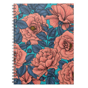 Carnet Roses roses avec feuilles bleus sur bleu