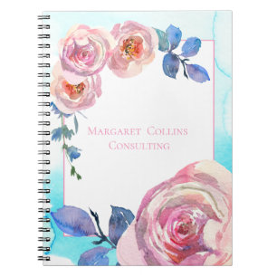 Carnet Roses roses blush sur fond bleu personnalisé