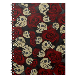 Carnet Roses Rouges & Crânes Floral Gothique Gris Noir