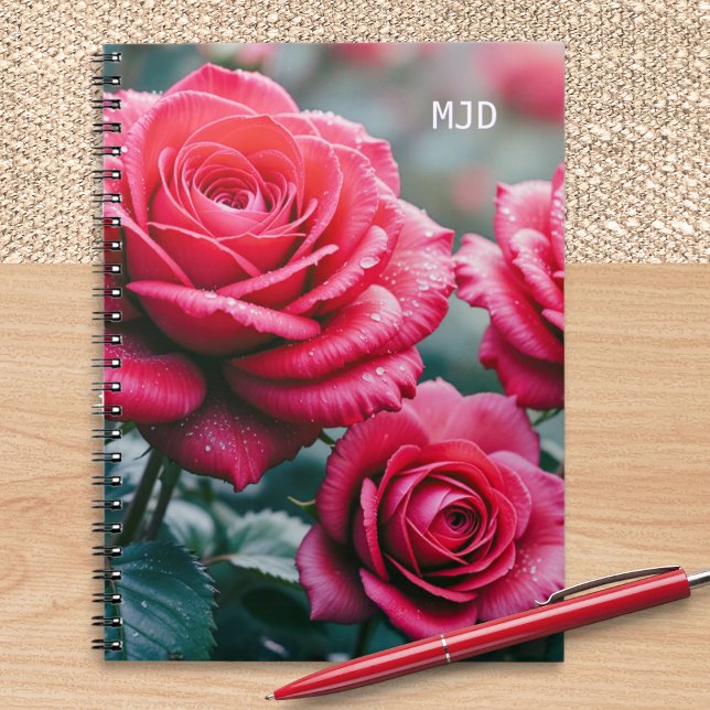 Carnet Roses rouges Élégant Monogramme Floral Lié Spiral (A beautiful spiral-bound notebook with red roses picture on the cover and custom monogram initials)
