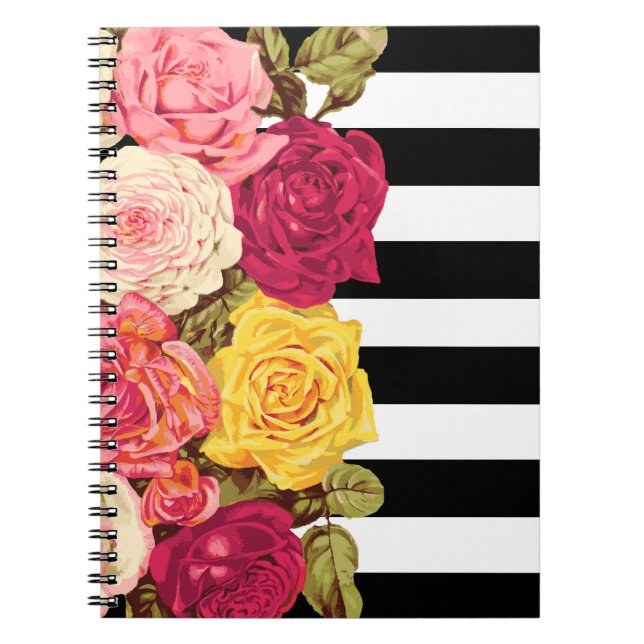 Carnet Roses sur Moderne Black & White Stripes Chic Flori (Devant)