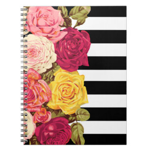 Carnet Roses sur rayures noires et blanches chic et moder