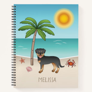 Carnet Rottweiler noir et feu sur une plage tropicale en